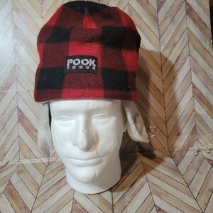 Pook Toque Wool Knit Sock Beanie Cap Hat Reversible One Size Red Plaid